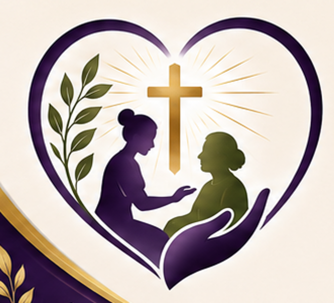 Platonic Care heart, cross, caregiver, and client emblem